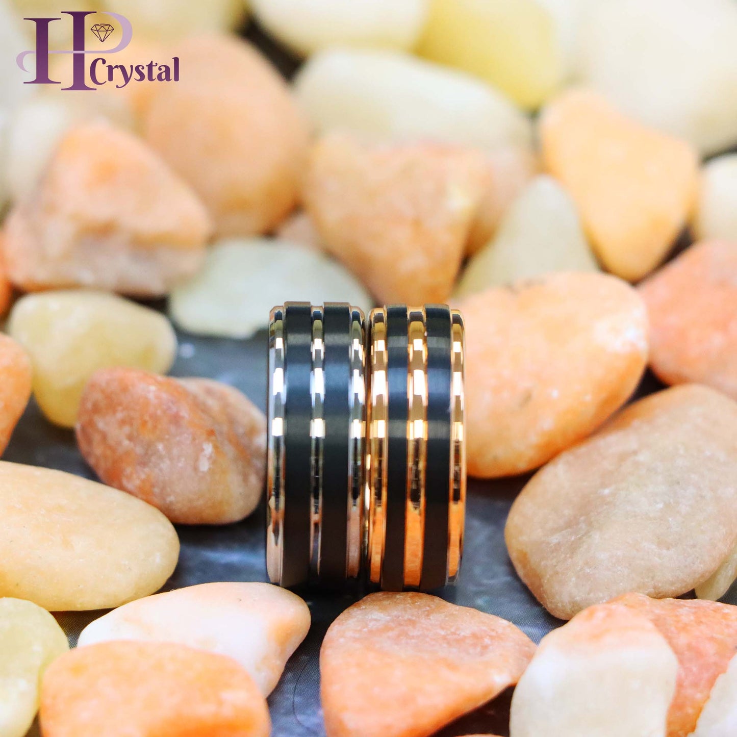 Pinstripe Black/Rose Gold & Gun Metal IP Plated Beveled Edge Tungsten Ring