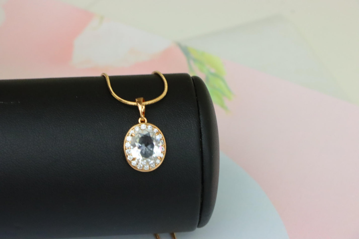 Oval White Pendant with Crystal Halo in Elegant Rose Gold Plating, XPPT1621 (2148-8)