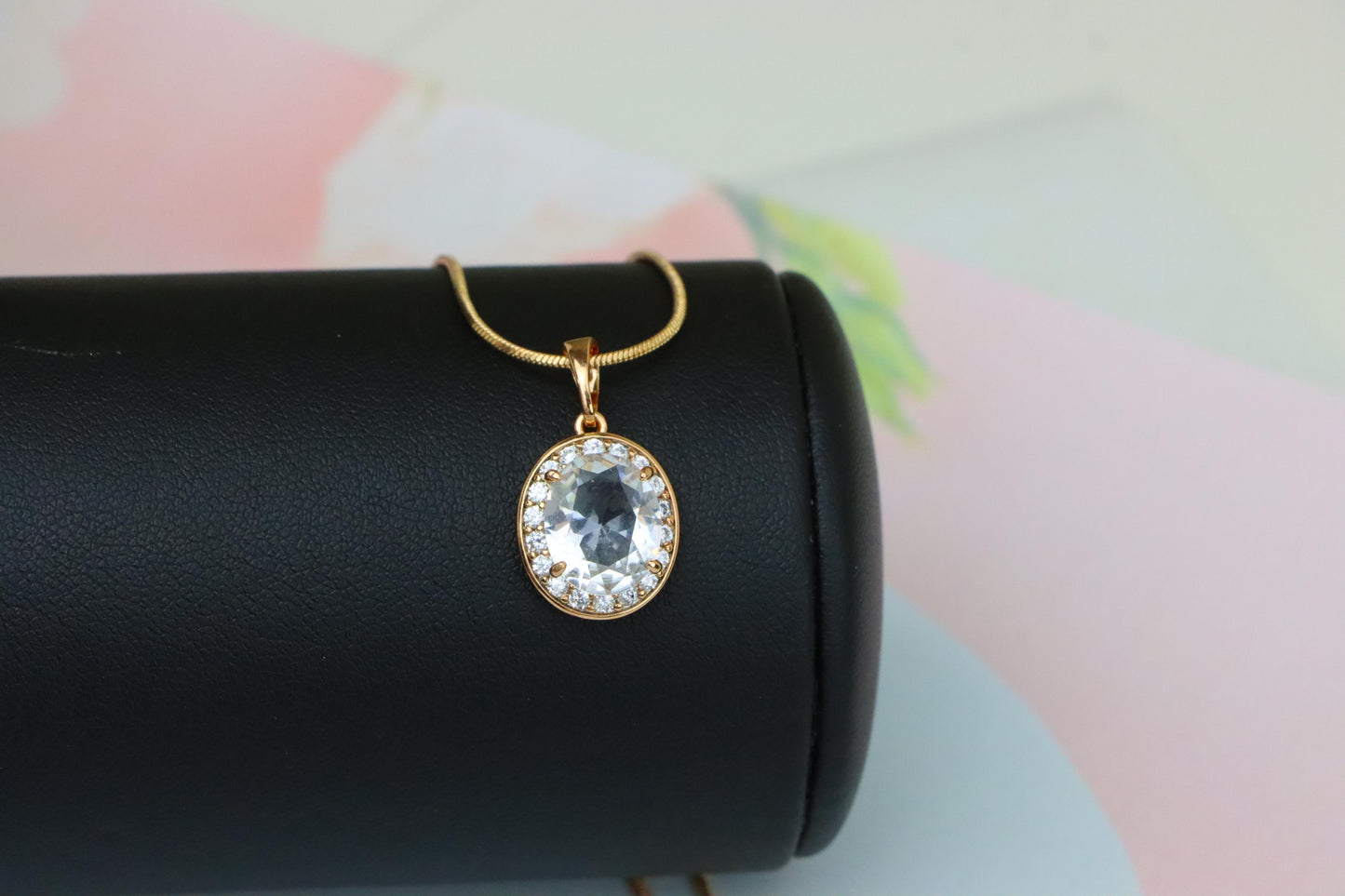 Oval White Pendant with Crystal Halo in Elegant Rose Gold Plating, XPPT1621 (2148-8)