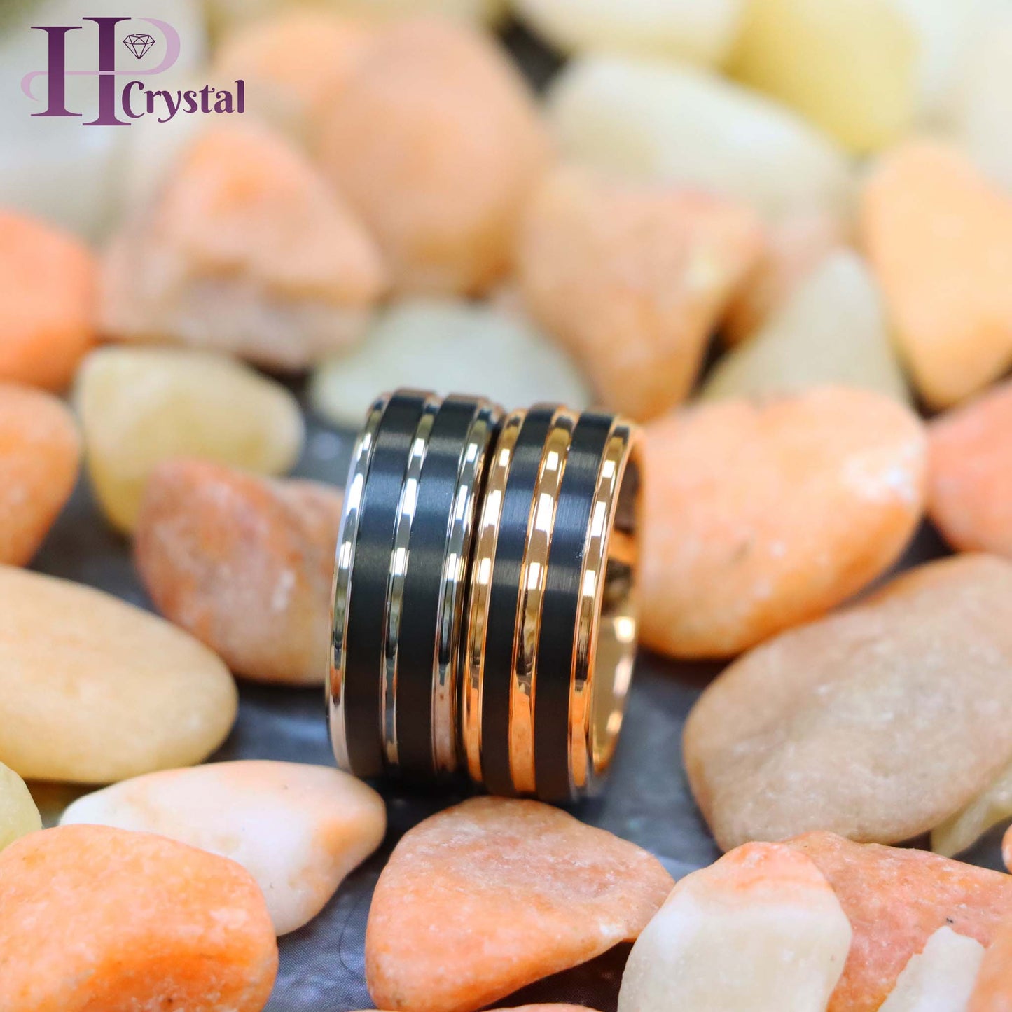 Pinstripe Black/Rose Gold & Gun Metal IP Plated Beveled Edge Tungsten Ring