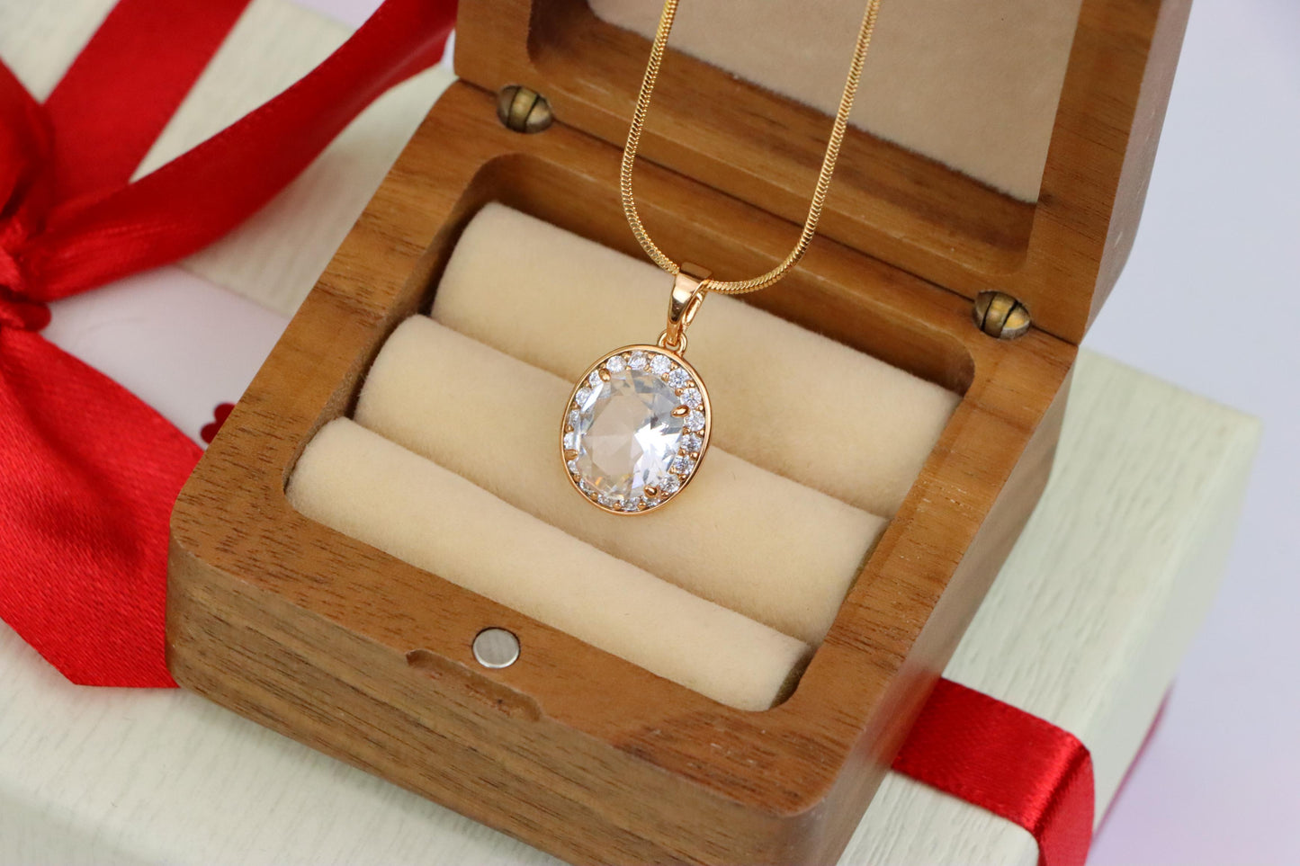 Oval White Pendant with Crystal Halo in Elegant Rose Gold Plating, XPPT1621 (2148-8)