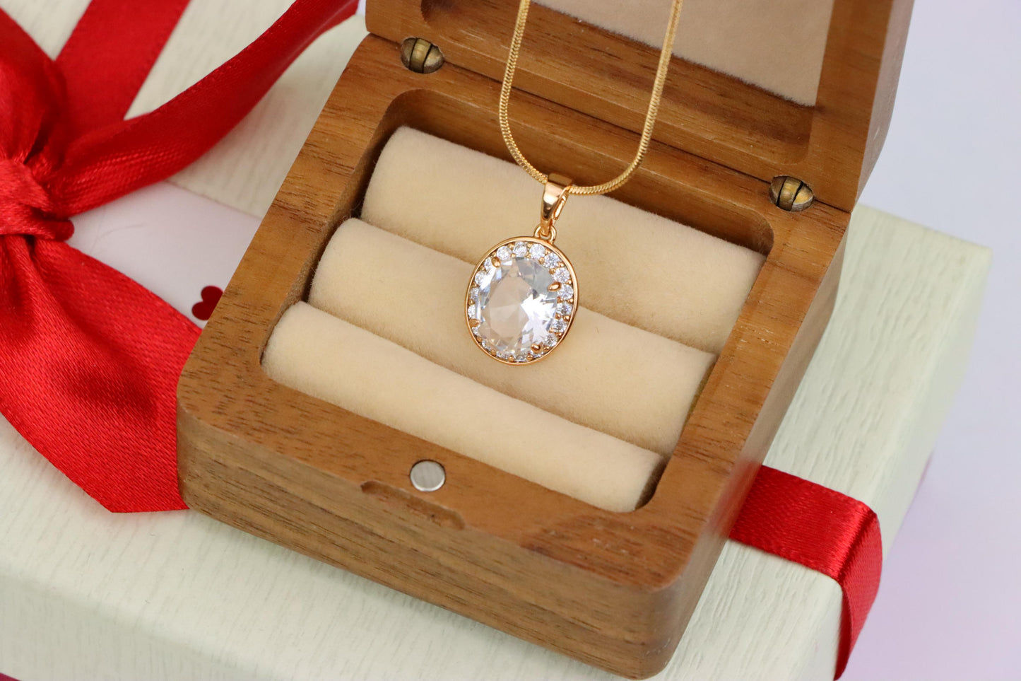 Oval White Pendant with Crystal Halo in Elegant Rose Gold Plating, XPPT1621 (2148-8)