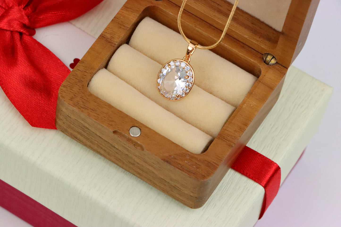 Oval White Pendant with Crystal Halo in Elegant Rose Gold Plating, XPPT1621 (2148-8)