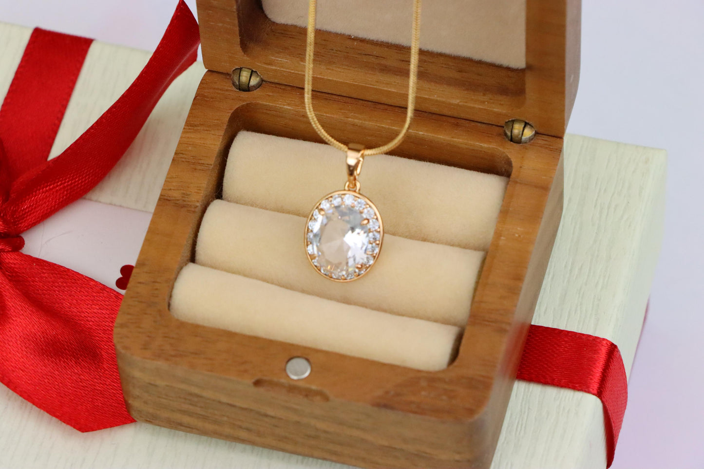 Oval White Pendant with Crystal Halo in Elegant Rose Gold Plating, XPPT1621 (2148-8)