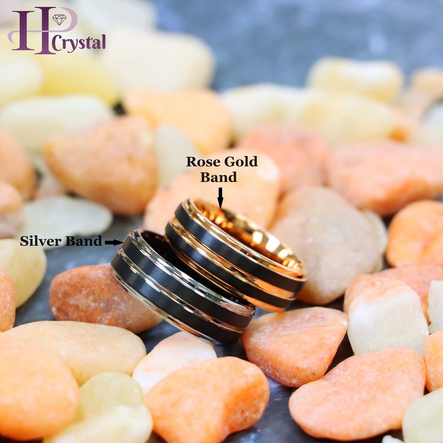 Pinstripe Black/Rose Gold & Gun Metal IP Plated Beveled Edge Tungsten Ring