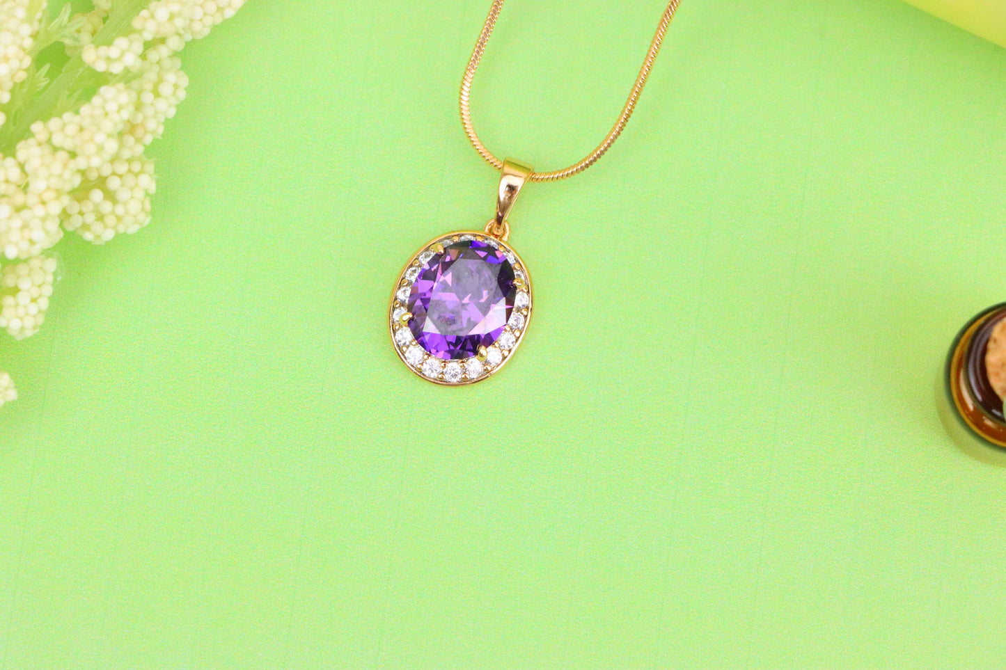 Oval Purple Pendant with White Crystal Halo in Rose Gold Setting, XPPT1622 (2148-8)