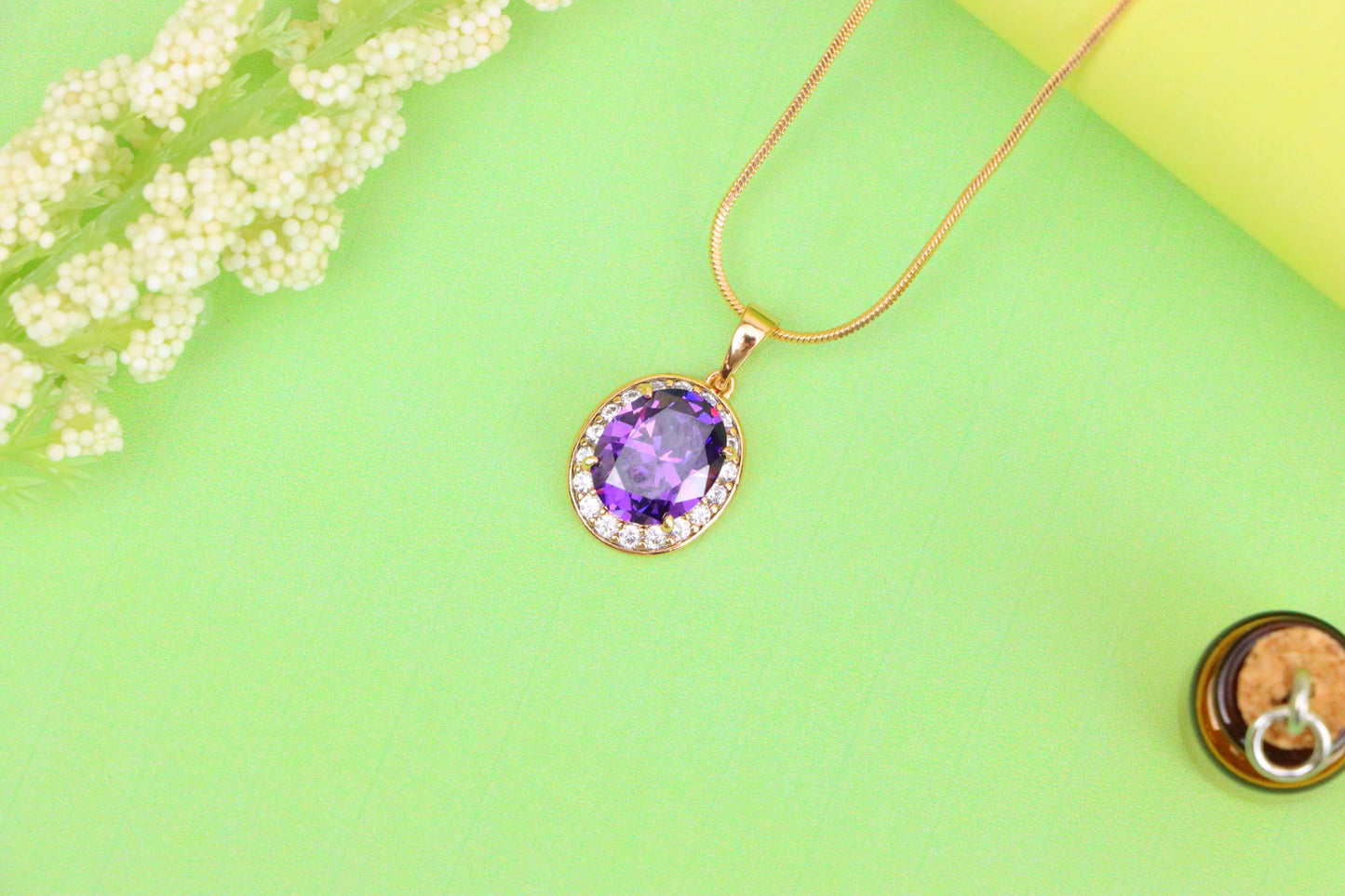 Oval Purple Pendant with White Crystal Halo in Rose Gold Setting, XPPT1622 (2148-8)
