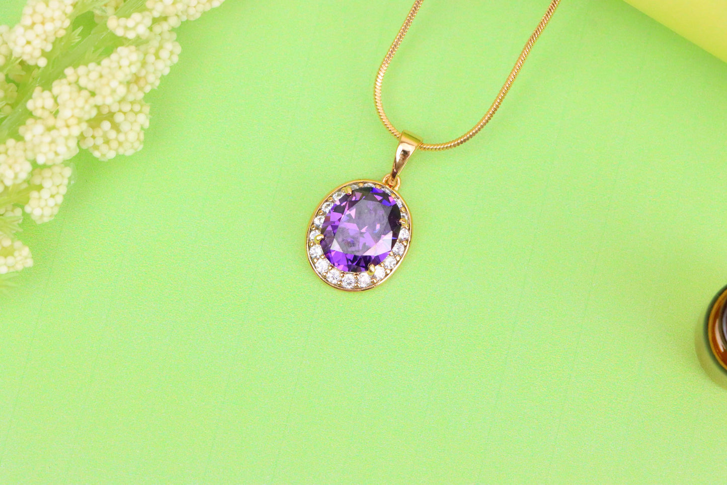 Oval Purple Pendant with White Crystal Halo in Rose Gold Setting, XPPT1622 (2148-8)