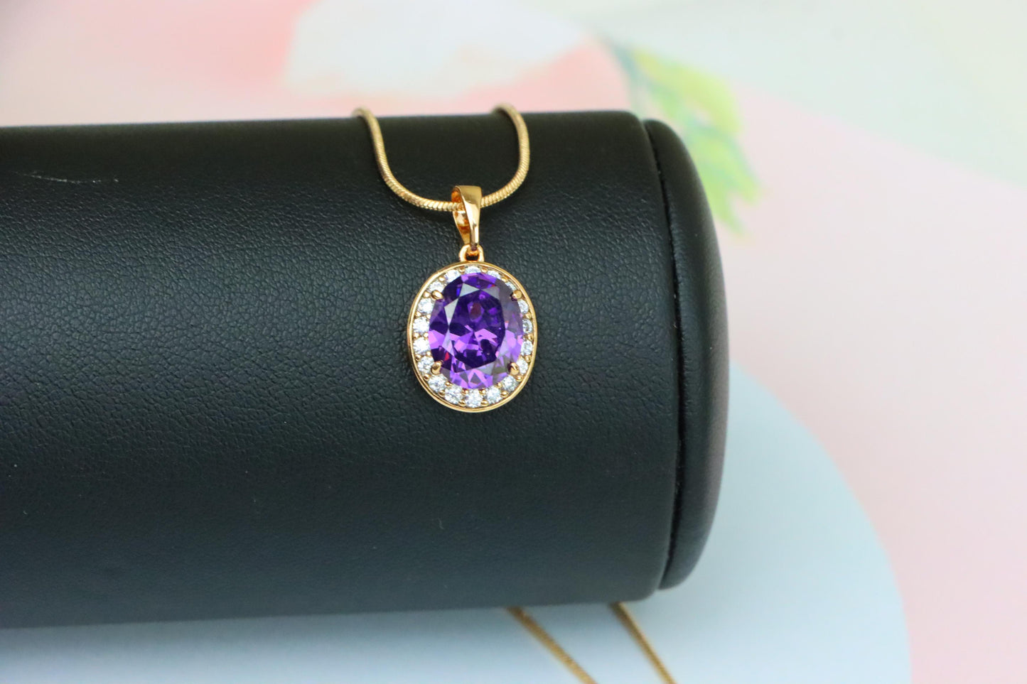 Oval Purple Pendant with White Crystal Halo in Rose Gold Setting, XPPT1622 (2148-8)