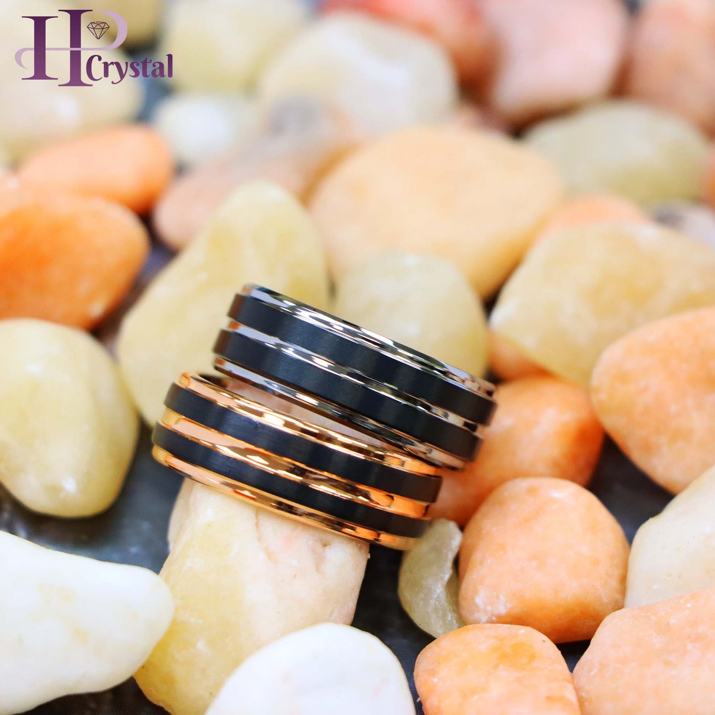 Pinstripe Black/Rose Gold & Gun Metal IP Plated Beveled Edge Tungsten Ring