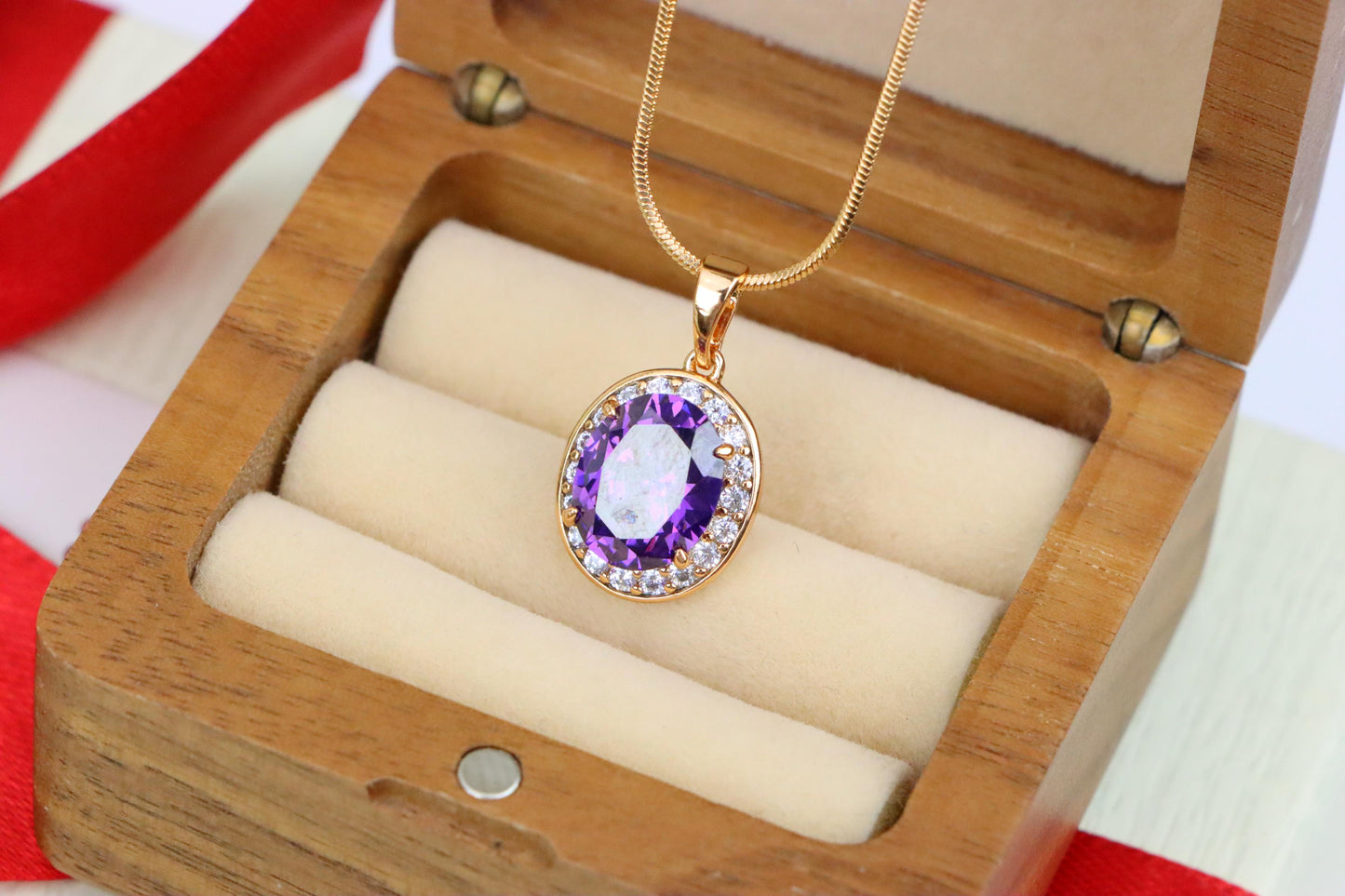 Oval Purple Pendant with White Crystal Halo in Rose Gold Setting, XPPT1622 (2148-8)