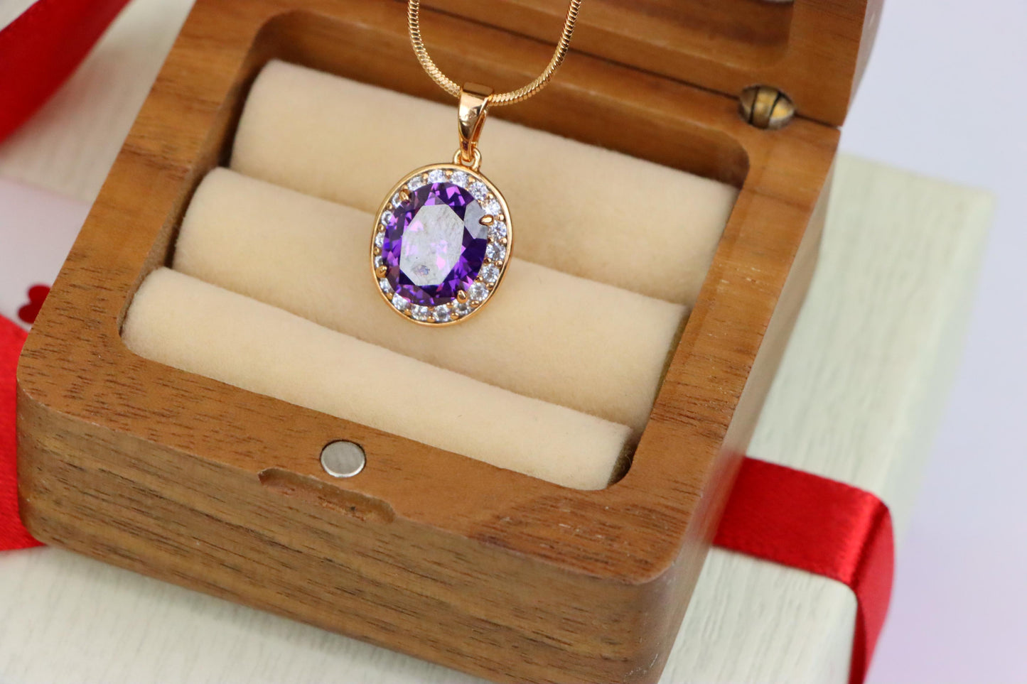 Oval Purple Pendant with White Crystal Halo in Rose Gold Setting, XPPT1622 (2148-8)