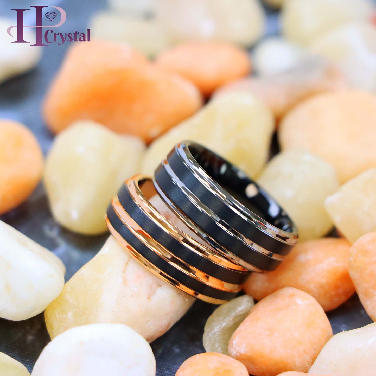 Pinstripe Black/Rose Gold & Gun Metal IP Plated Beveled Edge Tungsten Ring