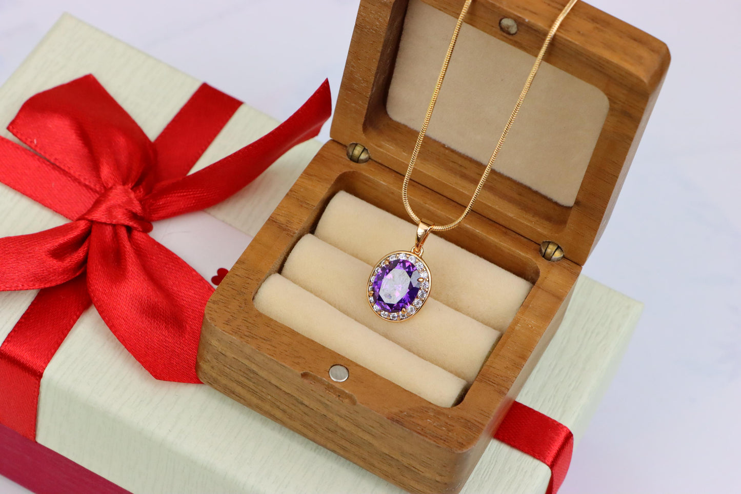 Oval Purple Pendant with White Crystal Halo in Rose Gold Setting, XPPT1622 (2148-8)
