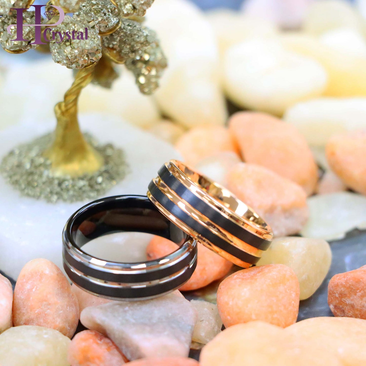 Pinstripe Black/Rose Gold & Gun Metal IP Plated Beveled Edge Tungsten Ring