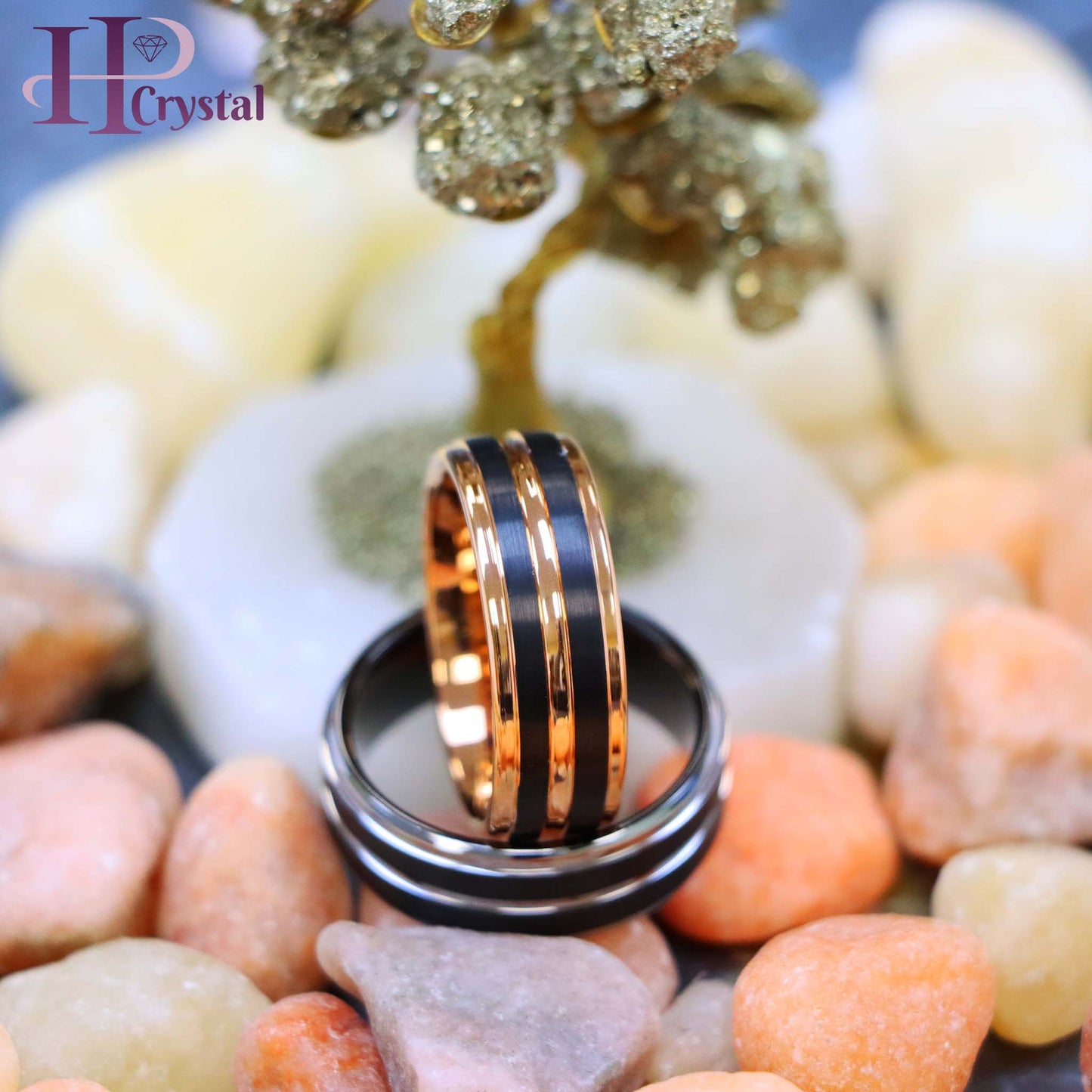 Pinstripe Black/Rose Gold & Gun Metal IP Plated Beveled Edge Tungsten Ring
