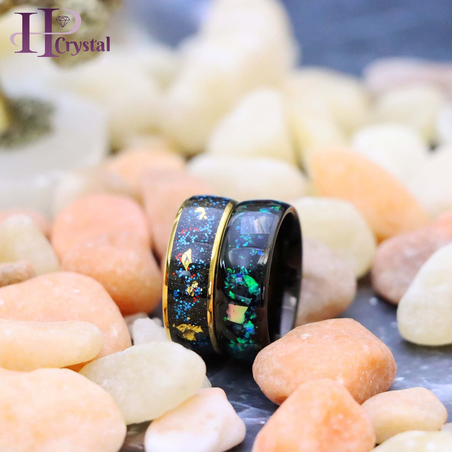 Black & Gold Tungsten Ring with Opal, Abalone & Gold Foil Inlay – Men's Jewelry