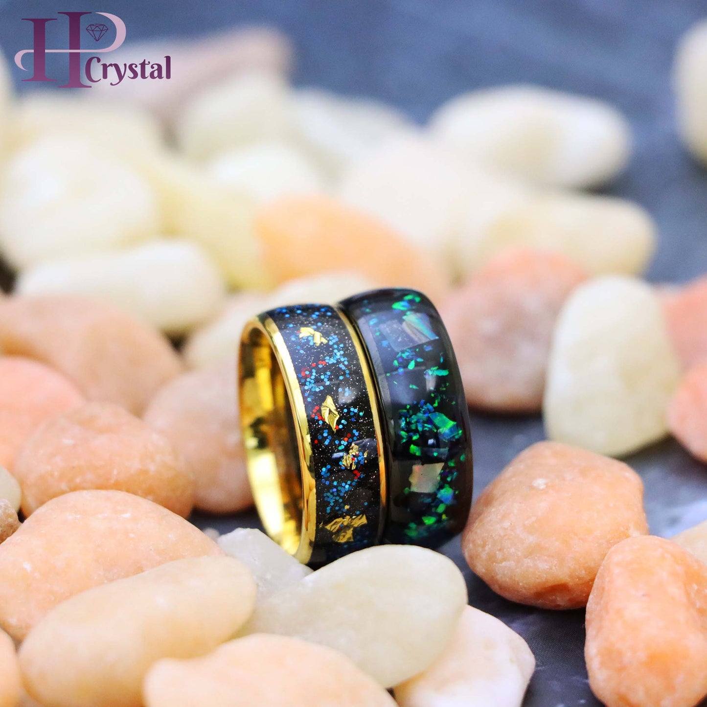 Black & Gold Tungsten Ring with Opal, Abalone & Gold Foil Inlay – Men's Jewelry