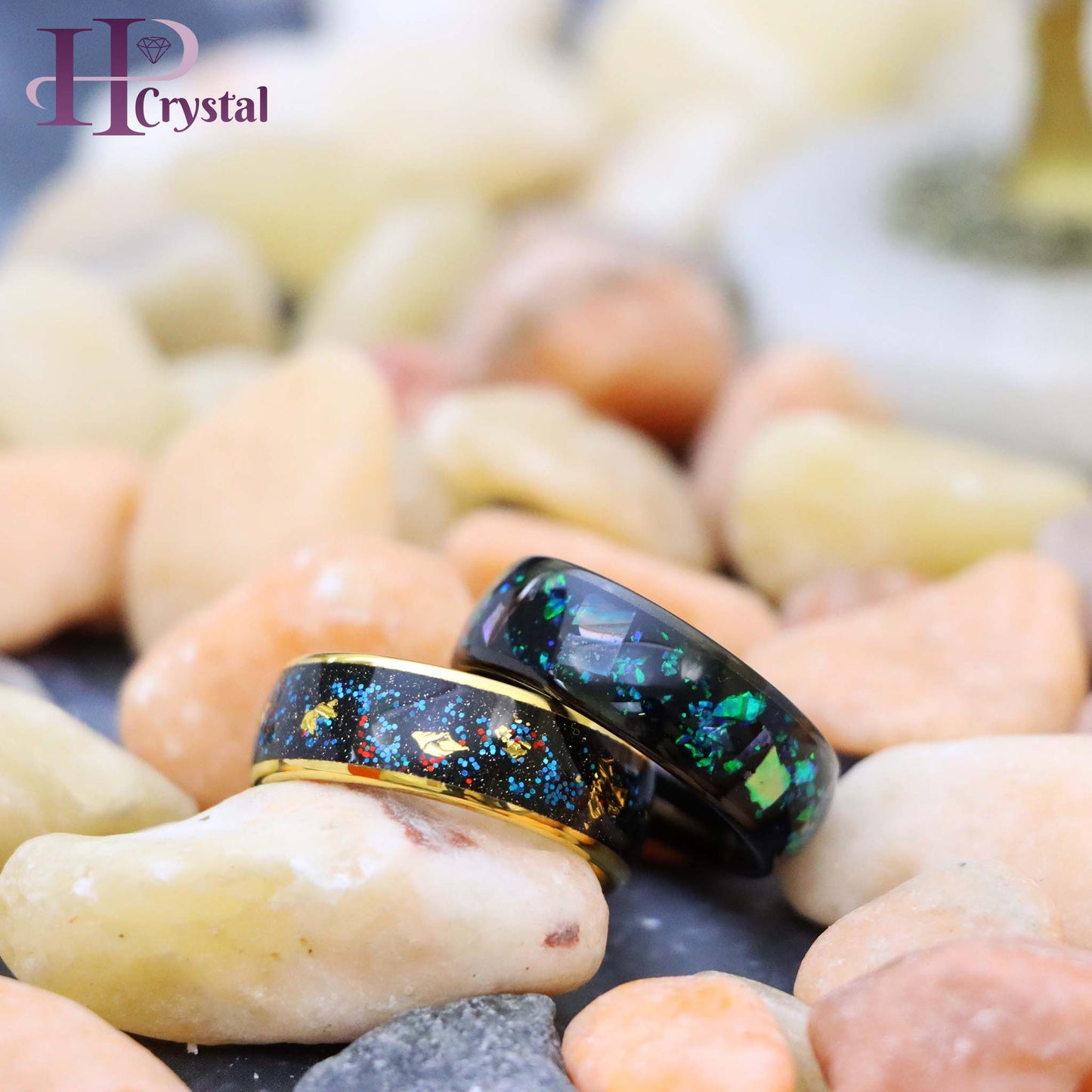 Black & Gold Tungsten Ring with Opal, Abalone & Gold Foil Inlay – Men's Jewelry