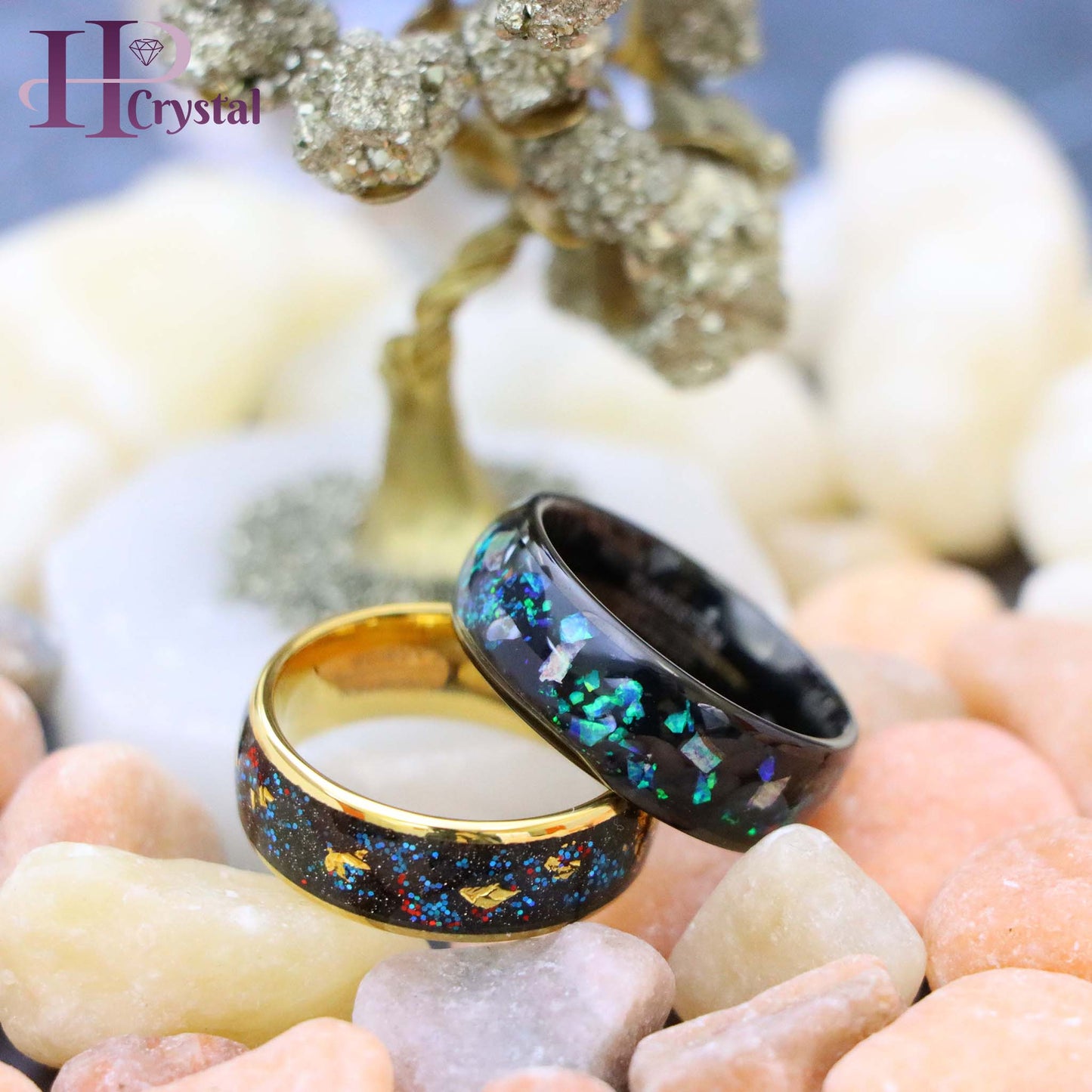 Black & Gold Tungsten Ring with Opal, Abalone & Gold Foil Inlay – Men's Jewelry