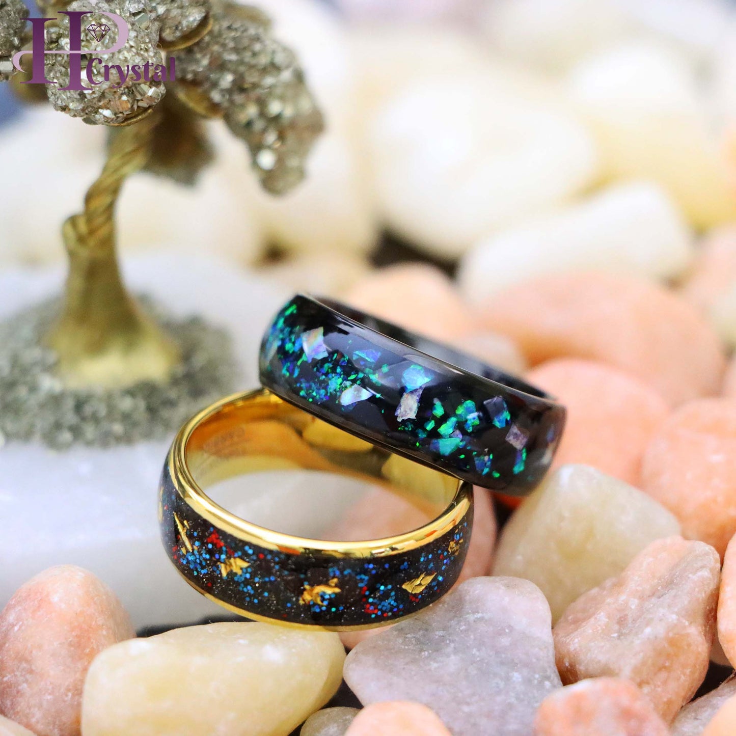Black & Gold Tungsten Ring with Opal, Abalone & Gold Foil Inlay – Men's Jewelry