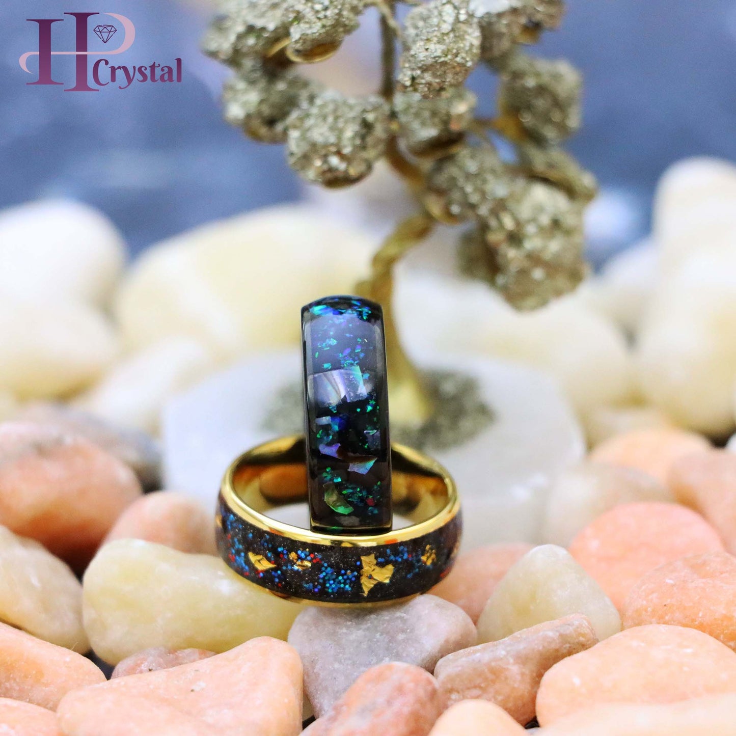 Black & Gold Tungsten Ring with Opal, Abalone & Gold Foil Inlay – Men's Jewelry