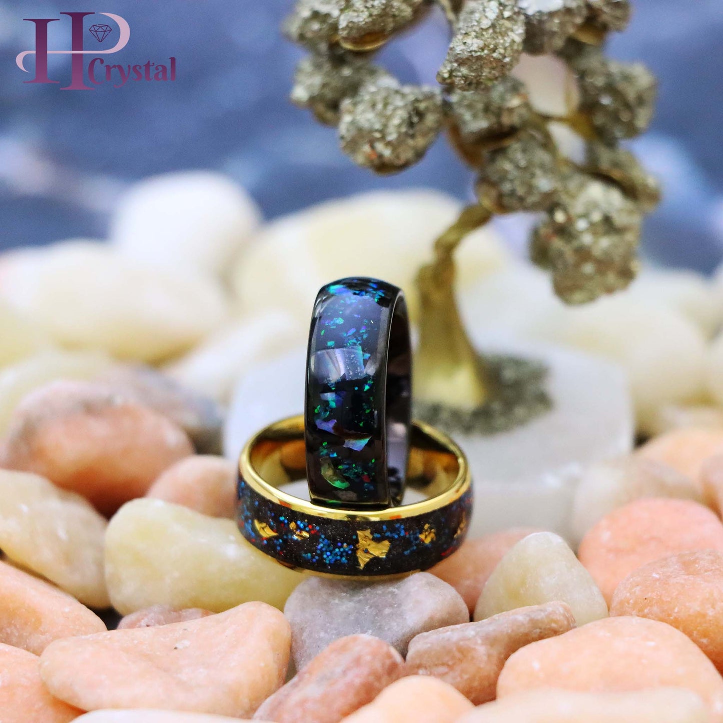 Black & Gold Tungsten Ring with Opal, Abalone & Gold Foil Inlay – Men's Jewelry