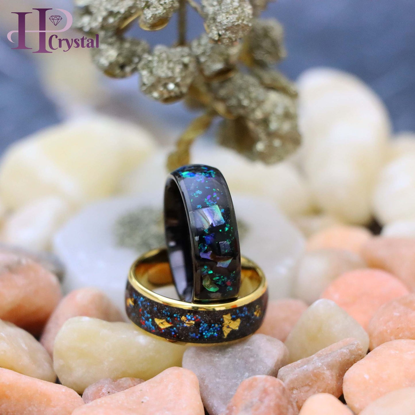 Black & Gold Tungsten Ring with Opal, Abalone & Gold Foil Inlay – Men's Jewelry