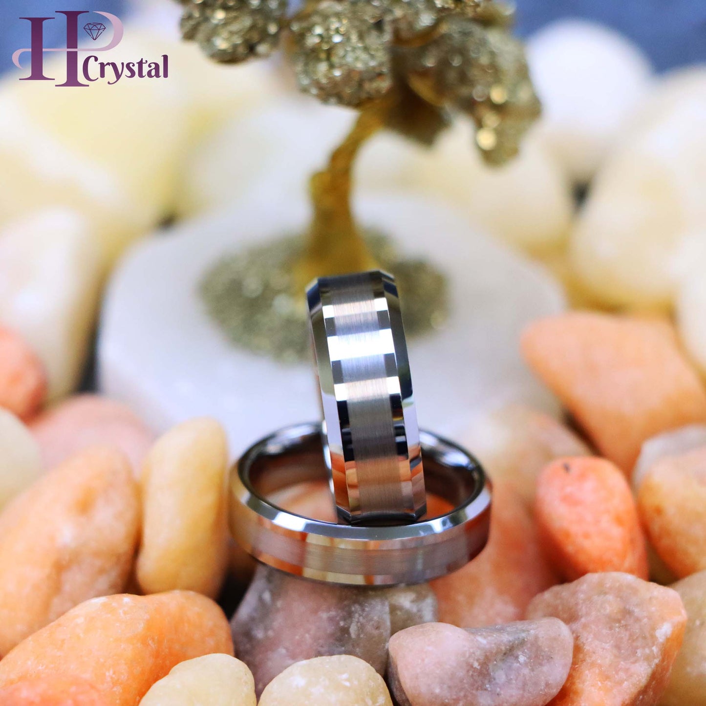 Brushed Center Shiny Lines Beveled Edge Tungsten Ring