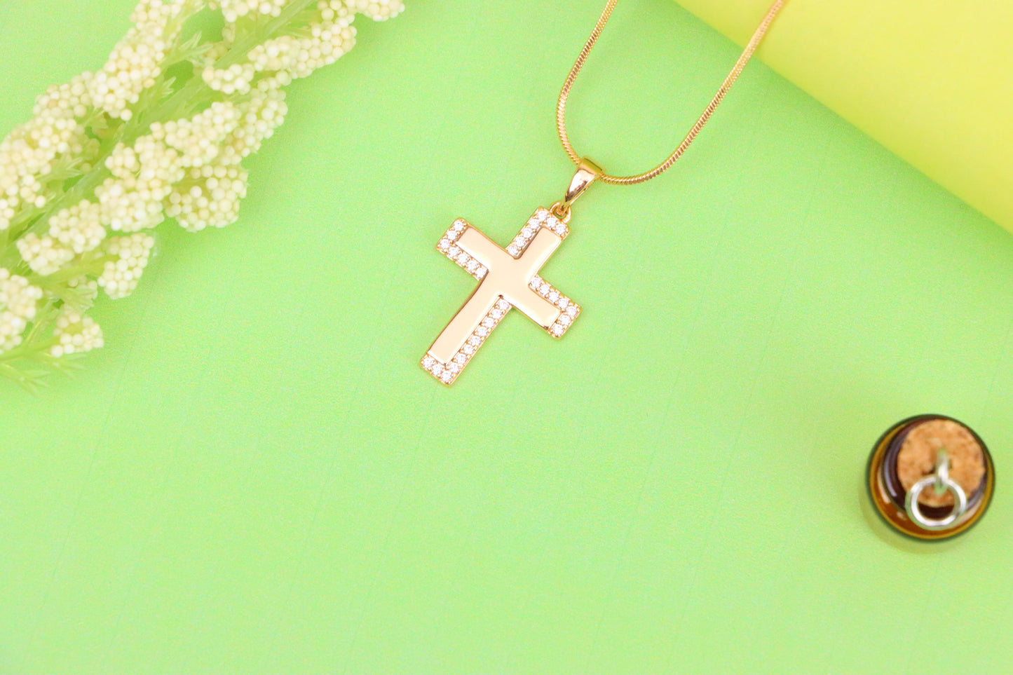 Rose Gold Cross Pendant with Crystal Border and Polished Center, XPPT1626 (2148-10)