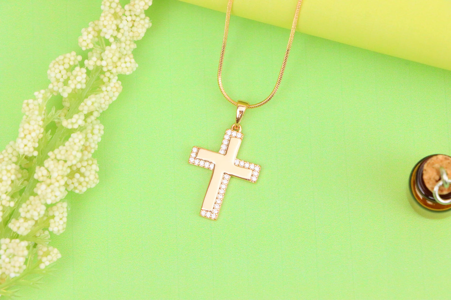 Rose Gold Cross Pendant with Crystal Border and Polished Center, XPPT1626 (2148-10)
