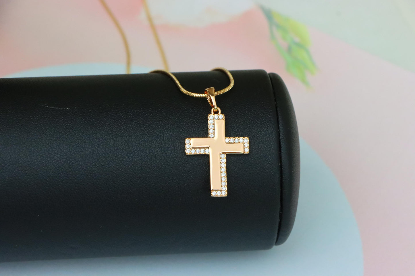 Rose Gold Cross Pendant with Crystal Border and Polished Center, XPPT1626 (2148-10)