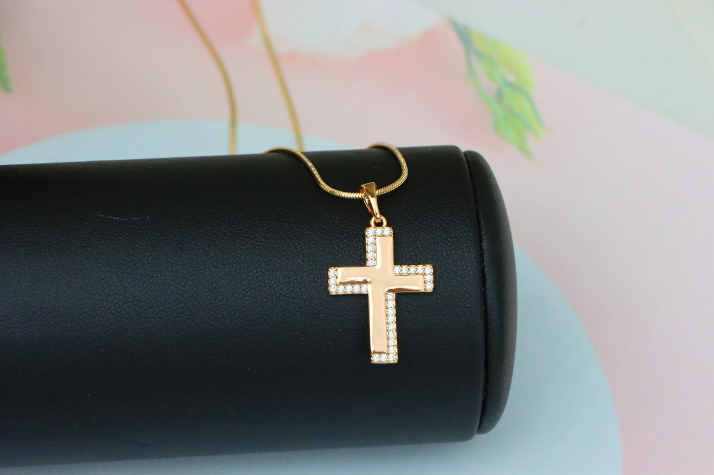 Rose Gold Cross Pendant with Crystal Border and Polished Center, XPPT1626 (2148-10)