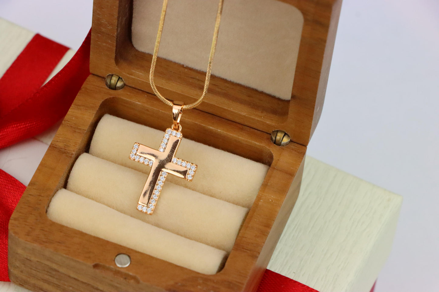 Rose Gold Cross Pendant with Crystal Border and Polished Center, XPPT1626 (2148-10)