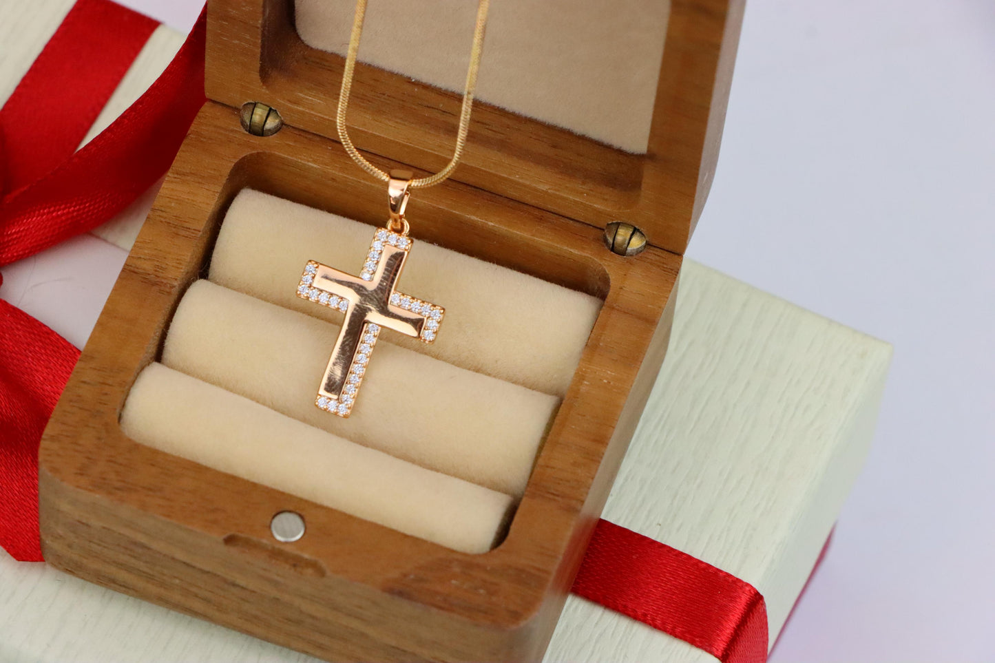 Rose Gold Cross Pendant with Crystal Border and Polished Center, XPPT1626 (2148-10)