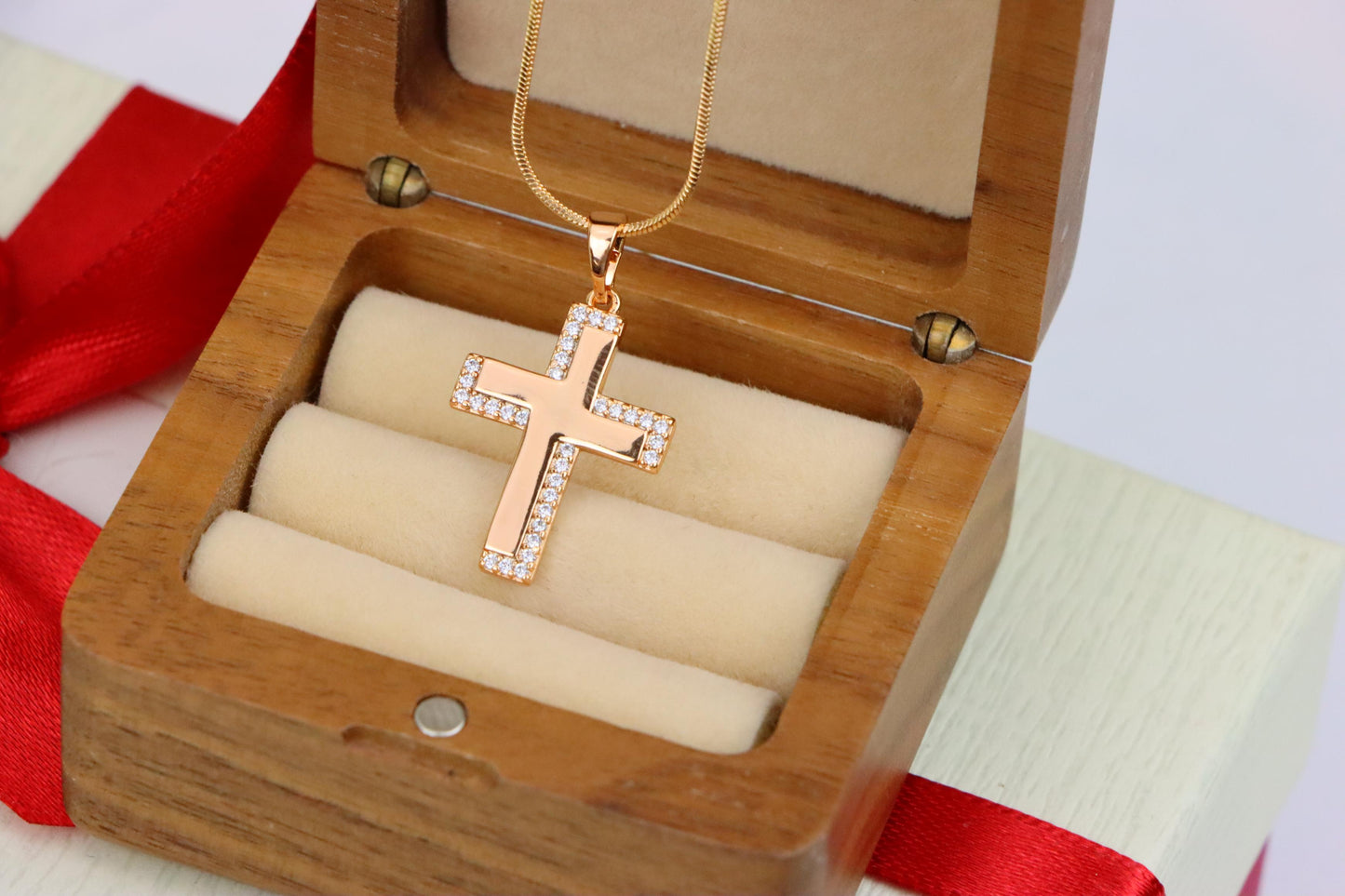 Rose Gold Cross Pendant with Crystal Border and Polished Center, XPPT1626 (2148-10)