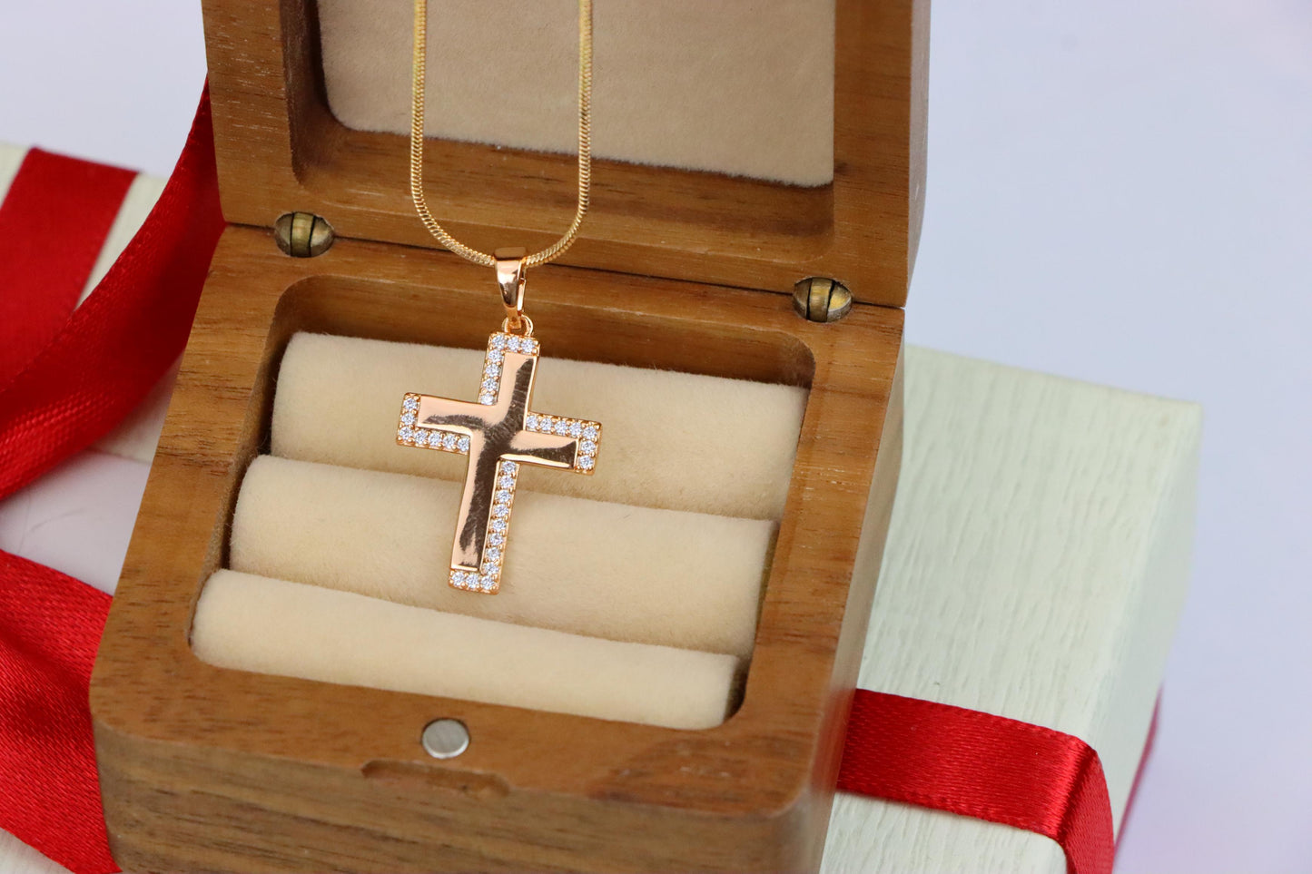 Rose Gold Cross Pendant with Crystal Border and Polished Center, XPPT1626 (2148-10)