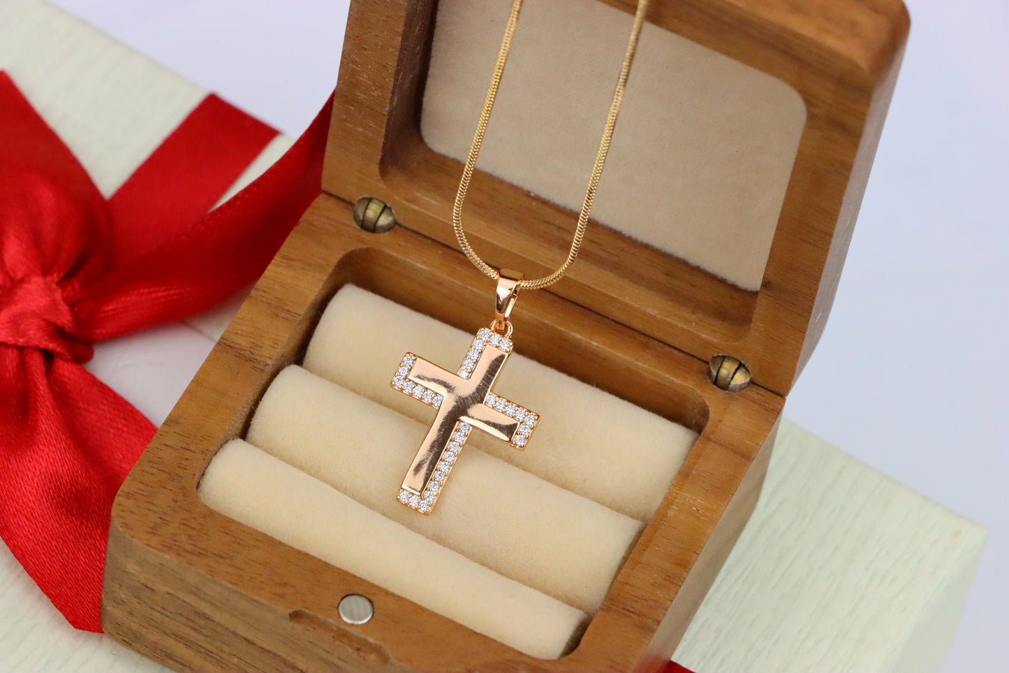 Rose Gold Cross Pendant with Crystal Border and Polished Center, XPPT1626 (2148-10)