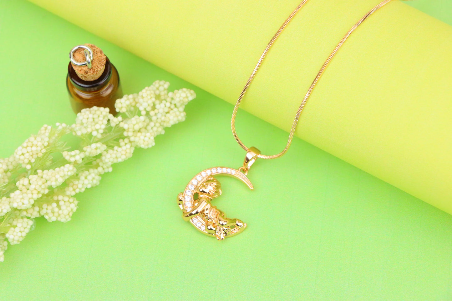 Rose Gold Moon and Angel Pendant with Sparkling CZ Accents, XPPT1234 (2123-10)