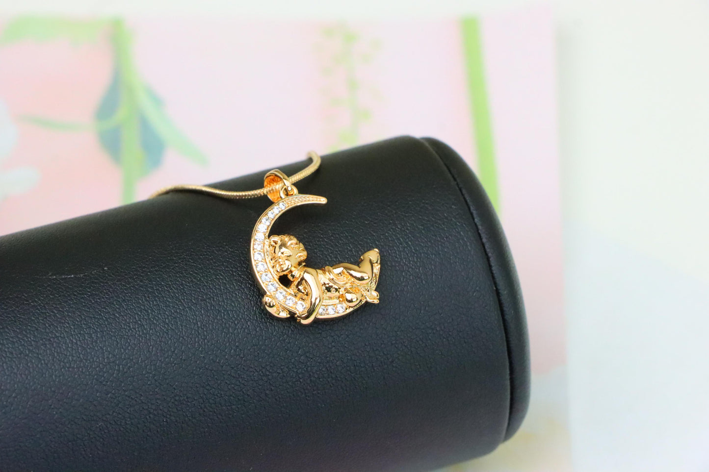 Rose Gold Moon and Angel Pendant with Sparkling CZ Accents, XPPT1234 (2123-10)