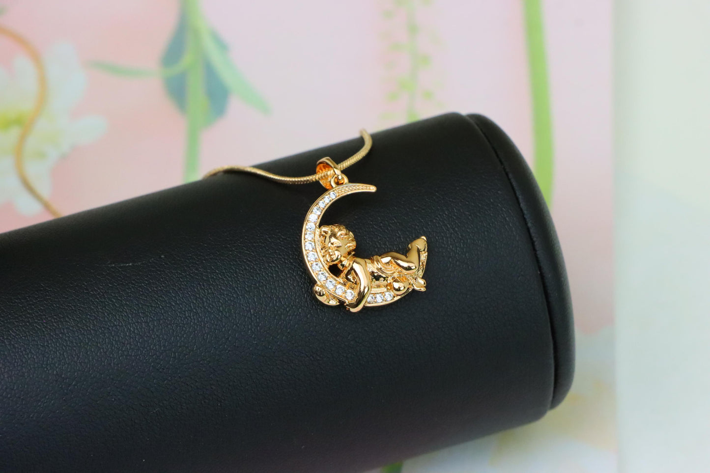 Rose Gold Moon and Angel Pendant with Sparkling CZ Accents, XPPT1234 (2123-10)