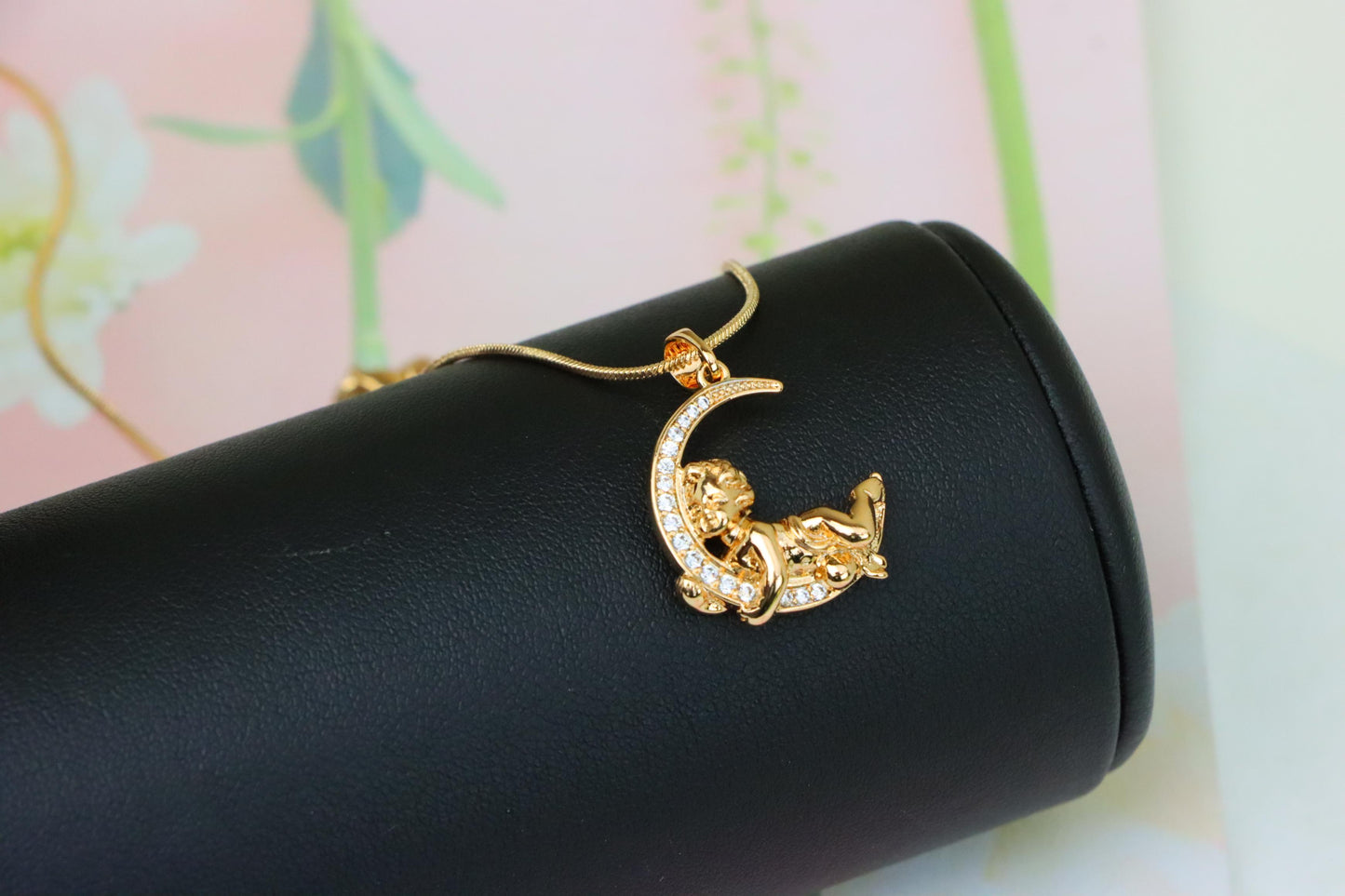 Rose Gold Moon and Angel Pendant with Sparkling CZ Accents, XPPT1234 (2123-10)