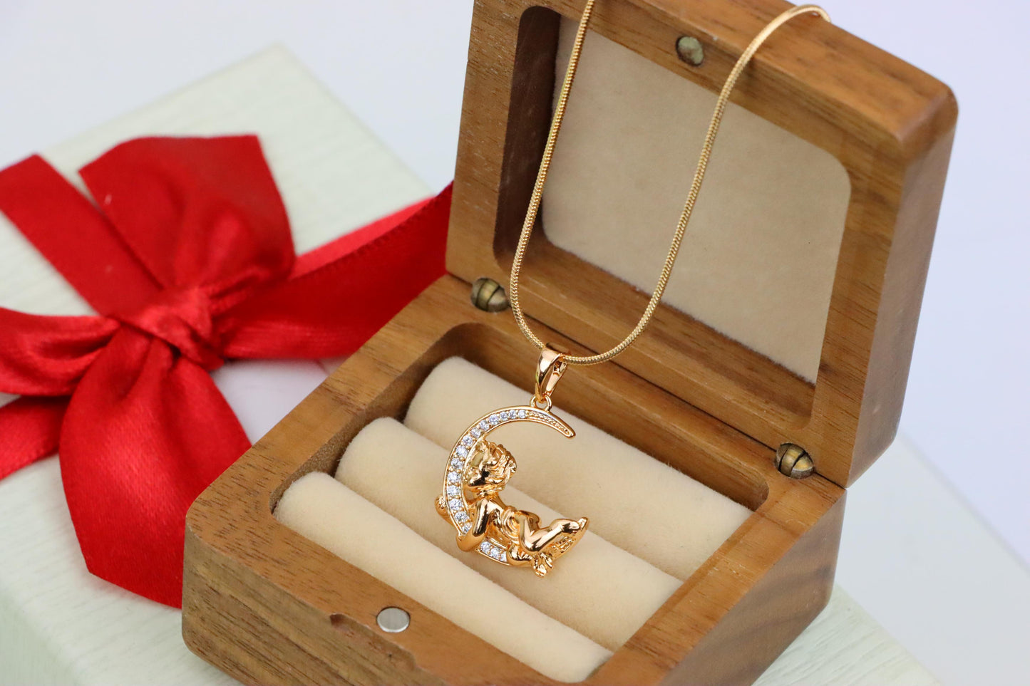 Rose Gold Moon and Angel Pendant with Sparkling CZ Accents, XPPT1234 (2123-10)