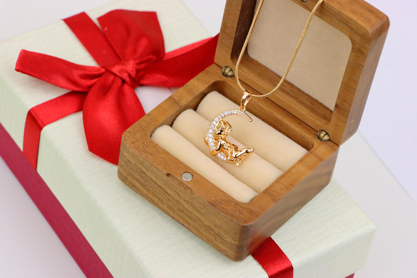Rose Gold Moon and Angel Pendant with Sparkling CZ Accents, XPPT1234 (2123-10)