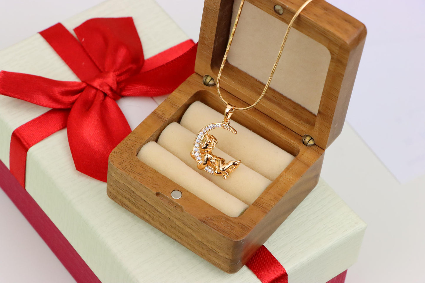 Rose Gold Moon and Angel Pendant with Sparkling CZ Accents, XPPT1234 (2123-10)