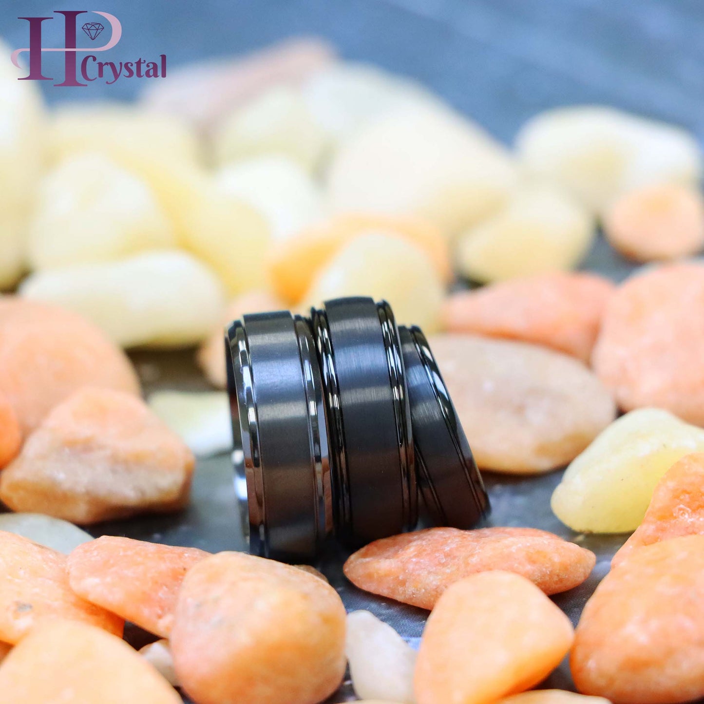 Domed Black IP Plated Brushed Center High Polished Grooved Edge Tungsten Ring Zirconium Natural Gun Metal Tone Ring