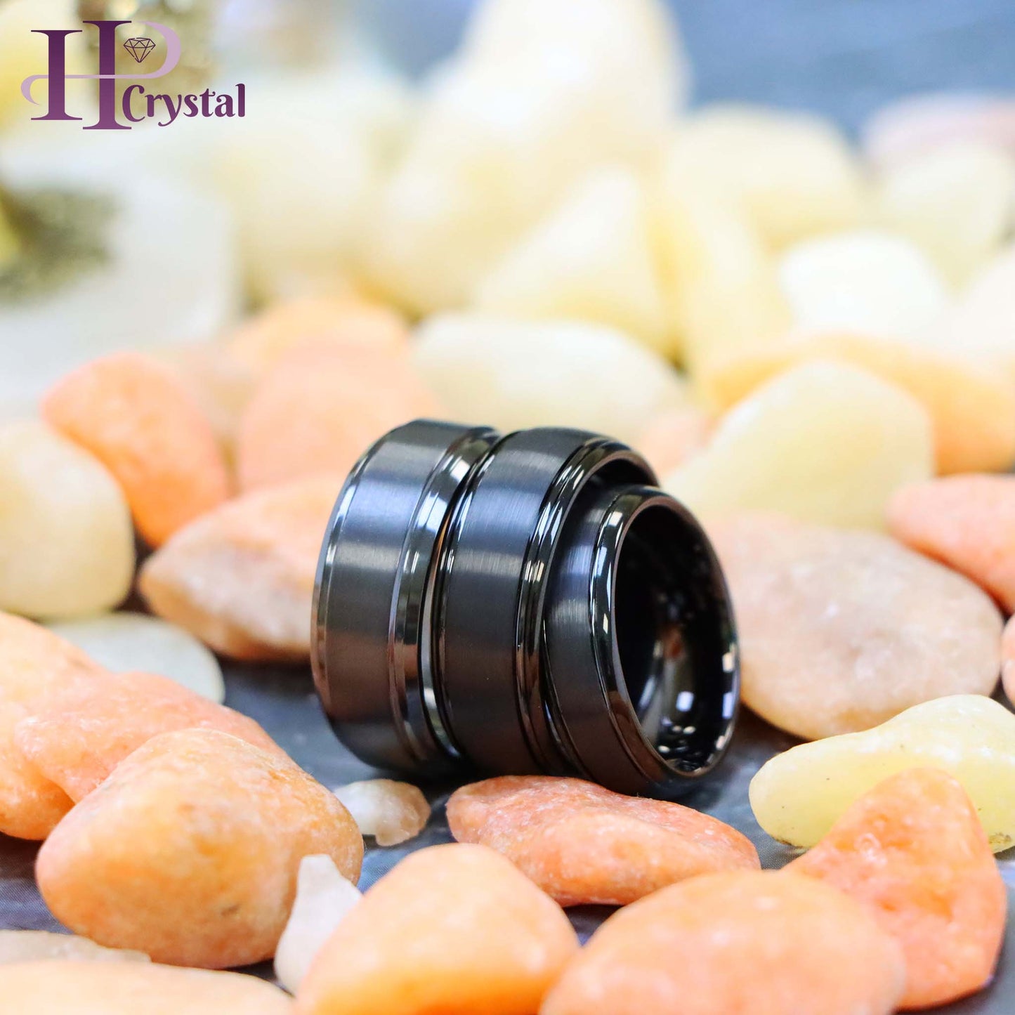 Domed Black IP Plated Brushed Center High Polished Grooved Edge Tungsten Ring Zirconium Natural Gun Metal Tone Ring