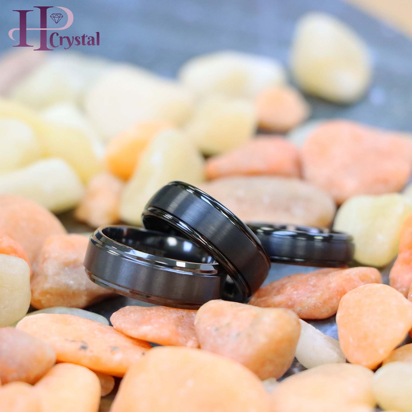 Domed Black IP Plated Brushed Center High Polished Grooved Edge Tungsten Ring Zirconium Natural Gun Metal Tone Ring