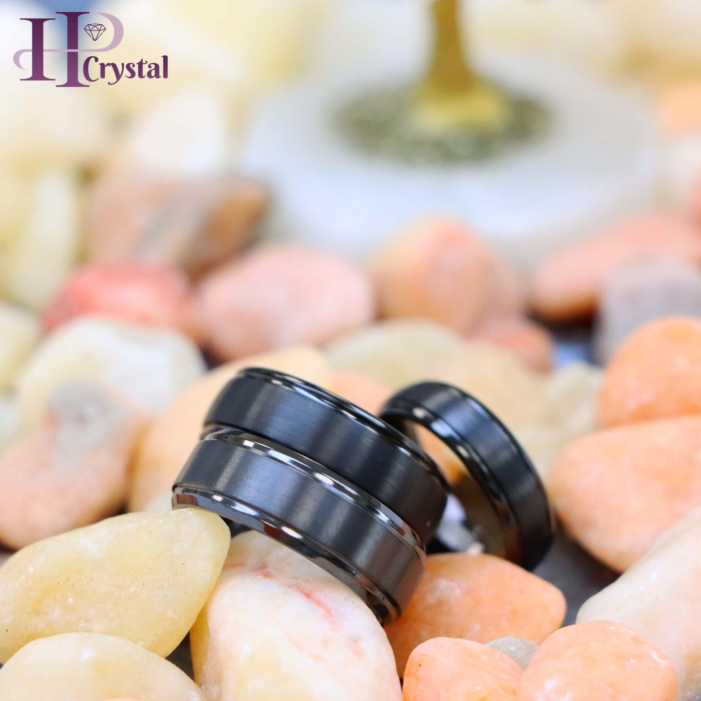 Domed Black IP Plated Brushed Center High Polished Grooved Edge Tungsten Ring Zirconium Natural Gun Metal Tone Ring