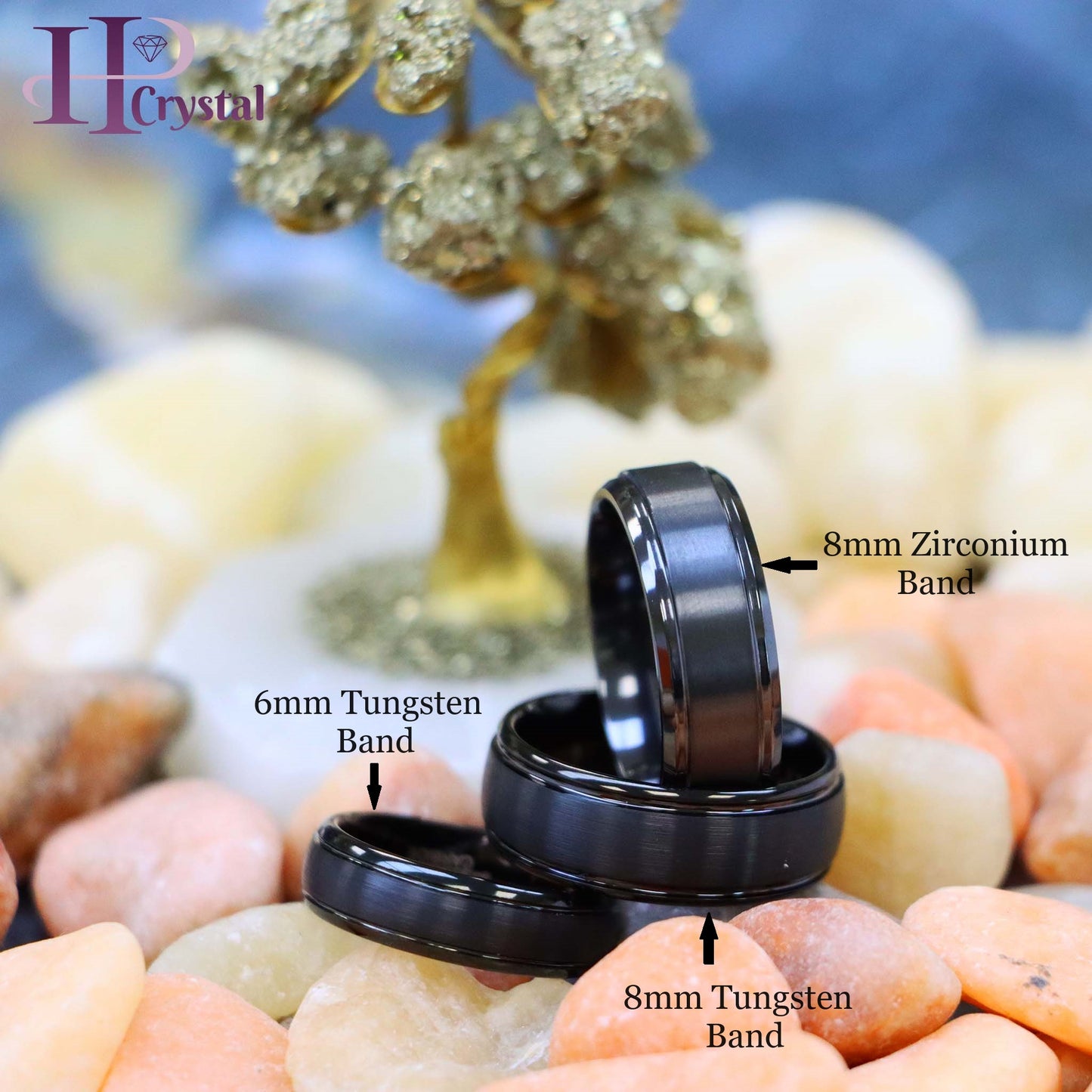 Domed Black IP Plated Brushed Center High Polished Grooved Edge Tungsten Ring Zirconium Natural Gun Metal Tone Ring